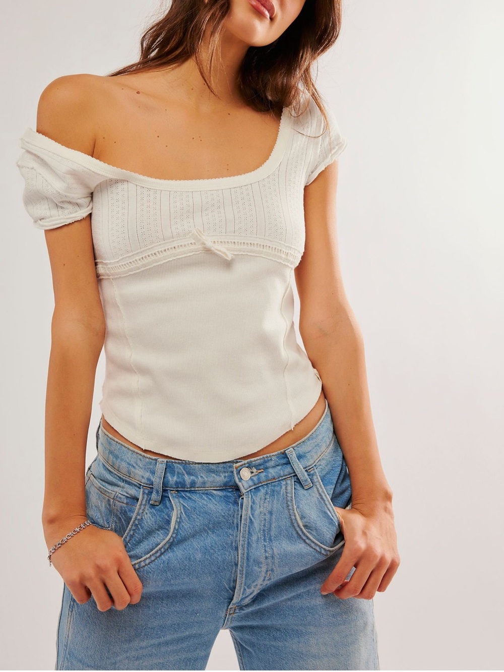FREE PEOPLE WE THE FREE pointelle square neck LOVE LETTER tee white sz XS